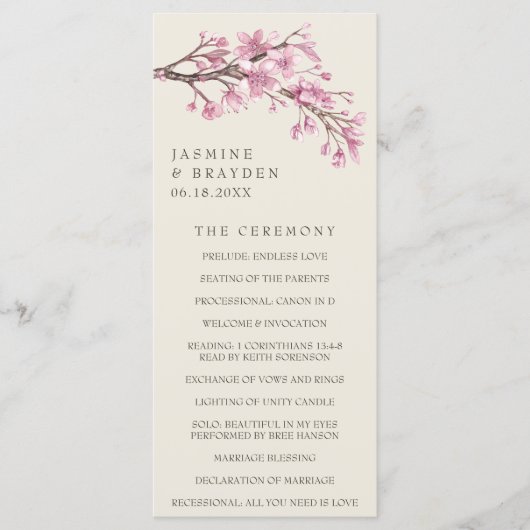 Elegant Cherry Blossom Pink Floral Wedding Programma (Voorkant)