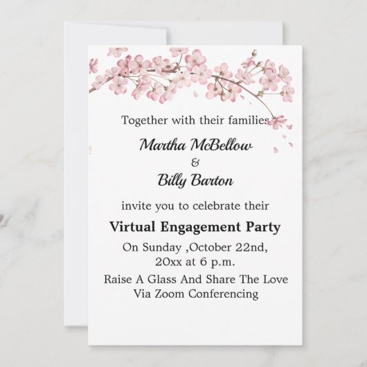 Elegant Cherry Blossom Virtual Engagement Party Kaart (Voorkant)