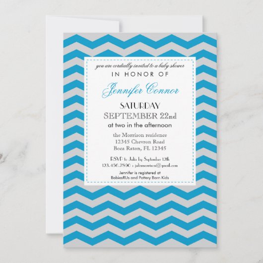 Elégant Chevron Baby shower Blue Invitation (Devant)