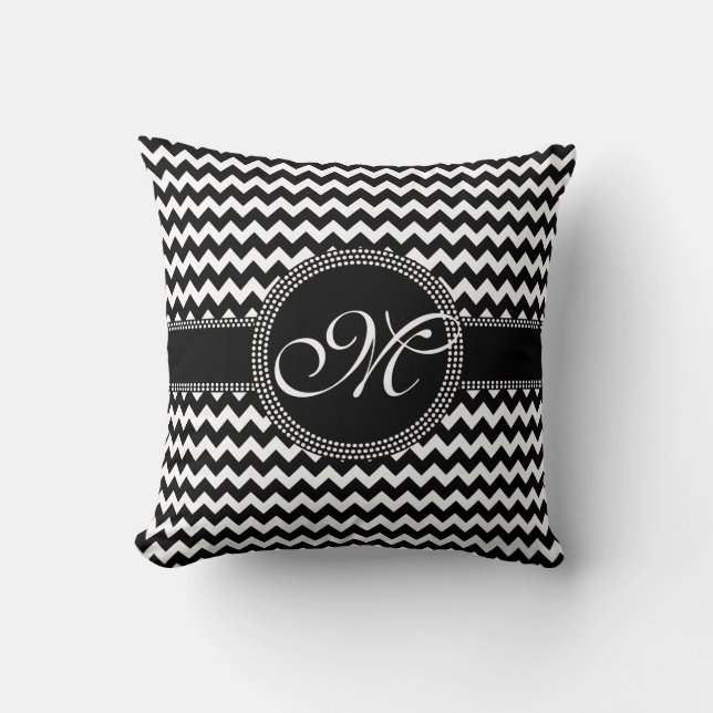 Elegant Chevron Chic Black en White Monogram Kussen (Voorkant)