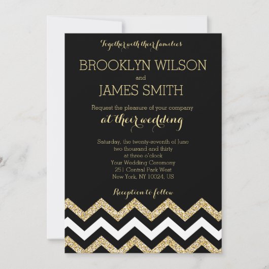 Elegant Chevron Wedding nodigt goud en zwart uit Kaart (Voorkant)