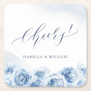 Elegant chew script dusty blue floral bruiloft vierkante kartonnen onderzetter