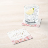 Elegant chew script gold & blush floral bruiloft vierkante kartonnen onderzetter (Insitu)