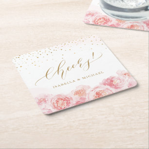 Elegant chew script gold & blush floral bruiloft vierkante kartonnen onderzetter