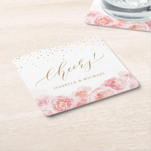Elegant chew script gold & blush floral bruiloft vierkante kartonnen onderzetter (Schuin)
