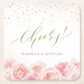 Elegant chew script gold & blush floral bruiloft vierkante kartonnen onderzetter (Voorkant)