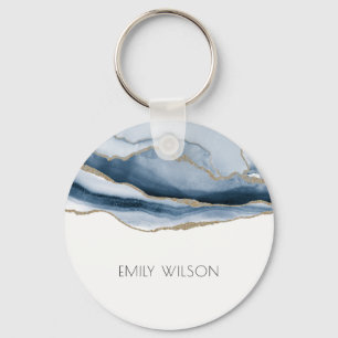 Elegant Chic Abstract Agate Blue Gold Waterverf Sleutelhanger
