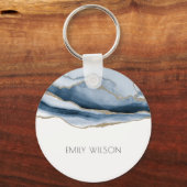 Elegant Chic Abstract Agate Blue Gold Waterverf Sleutelhanger (Voorkant)