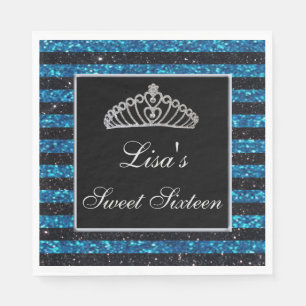 Elegant Chic Black Blue Glitter Tiara Sweet 16 Servet