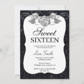 Elegant Chic Black Glitter Silver Roos Sweet 16 Kaart (Voorkant)