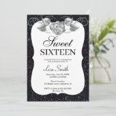 Elegant Chic Black Glitter Silver Roos Sweet 16 Kaart (Staand voorkant)