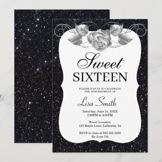 Elegant Chic Black Glitter Silver Roos Sweet 16 Kaart (Voorkant / Achterkant)