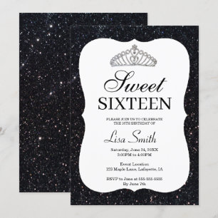 Elegant Chic Black Glitter Tiara Sweet 16 Kaart