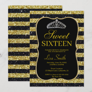 Elegant Chic Black Gold Glitter Tiara Sweet 16 Kaart