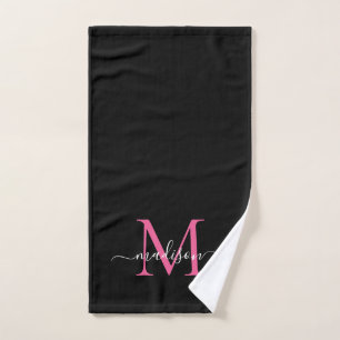 Elegant Chic Black Hot Pink Monogram scriptnaam Handdoek