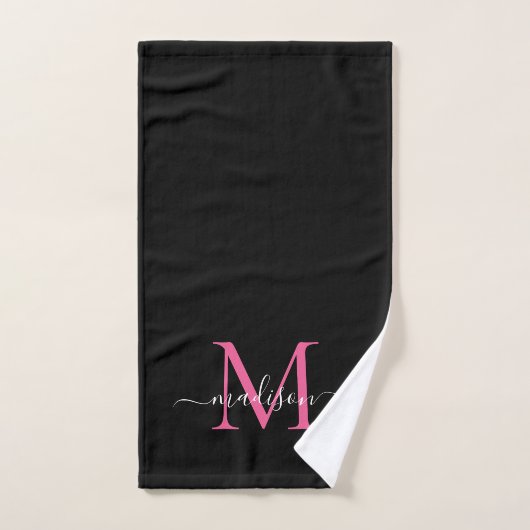 Élégant Chic Black Hot Pink Monogramme Nom du scri (Serviette à main)