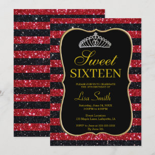 Elegant Chic Black Red Glitter Tiara Sweet 16 Kaart