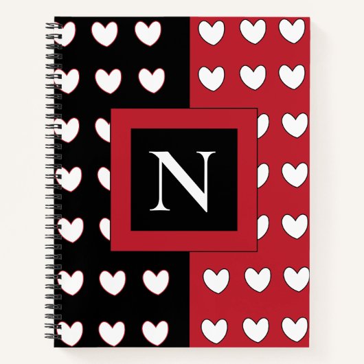 Elegant Chic Black Red White Hearts Monogram Notitieboek (Voorkant)