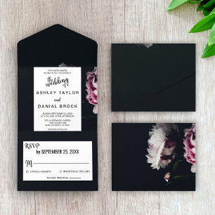 Elegant chic Black romantic roos floral Wedding Al All In One Uitnodiging