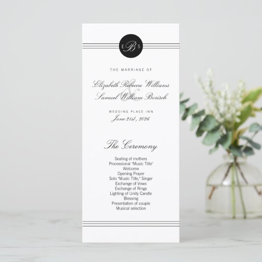 Elegant Chic Black White Monogram Weddenprogramma Programma (Staand voorkant)