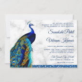 Elegant Chic Blue Glitter Peacock Indian Wedding Kaart (Voorkant)