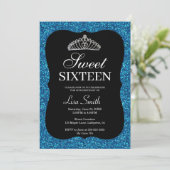 Elegant Chic Blue Glitter Tiara Sweet 16 Kaart (Staand voorkant)