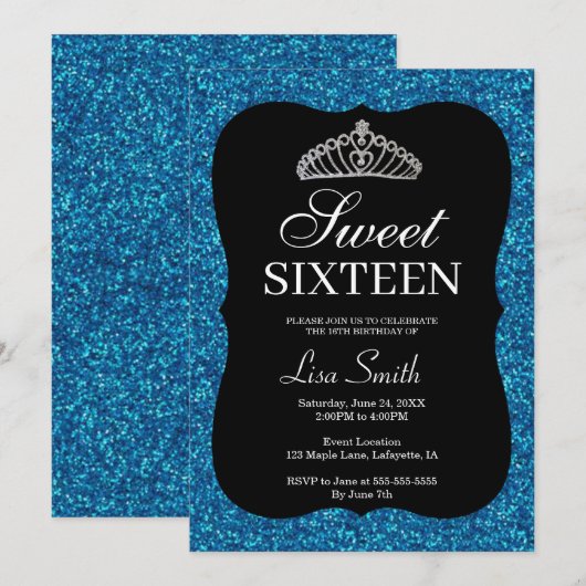 Elegant Chic Blue Glitter Tiara Sweet 16 Kaart (Voorkant / Achterkant)