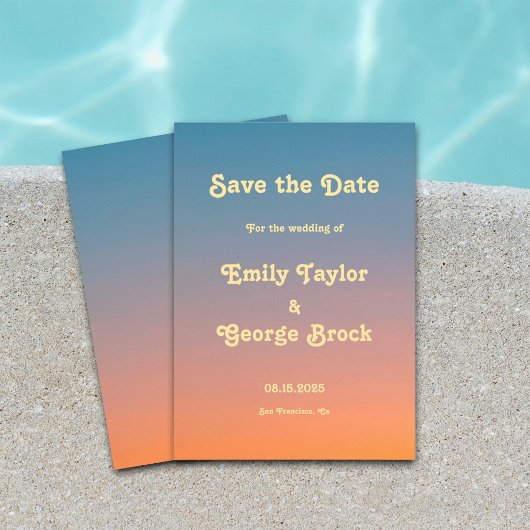 Elegant Chic Blue Oranje Sky Sunset Wedding Save The Date