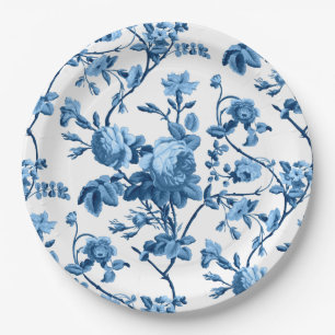 Elegant Chic  Blue Roos Floral Papieren Bordje