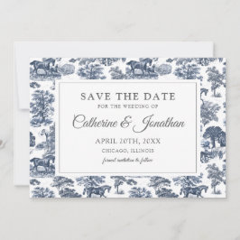 Elegant  Chic Blue Toile Horse Save The Date
