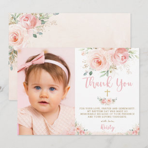 Elegant Chic Blush Pink Floral Gold Baptisme Foto Bedankkaart