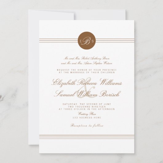 Elégant Chic Brown Monogramme Mariage Invitation (Devant)