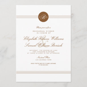 Elegant Chic Brown White Monogram Rehearsal Invite Kaart
