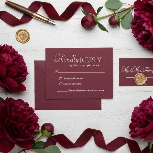 Elegant & Chic Burgundy & Ivory wedding RSVP Card
