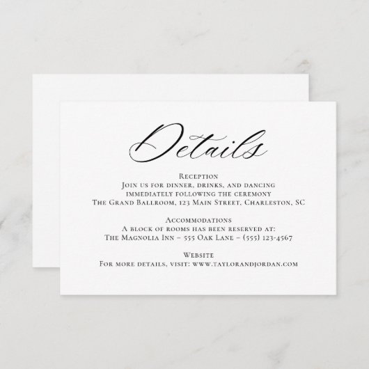 Elegant Chic Calligraphy Mariage Détails Carte (Devant / Derrière)