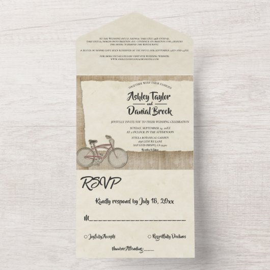 Elegant Chic Cycling Rustic Wood Wedding All In One Uitnodiging (Binnen)