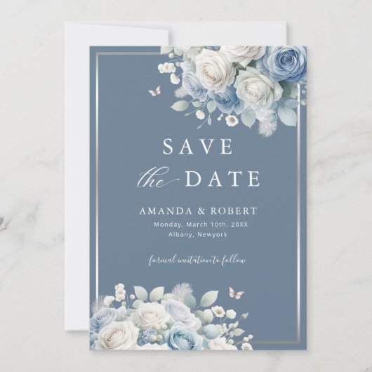 Elegant Chic Dusty Blue Boho Floral Save the Date (Voorkant)