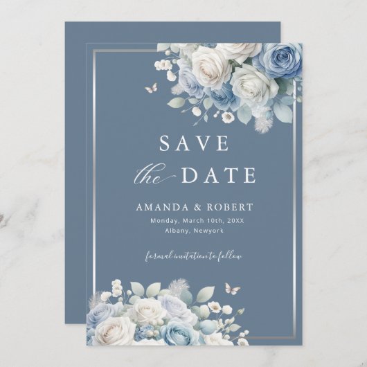 Elegant Chic Dusty Blue Boho Floral Save the Date (Voorkant / Achterkant)