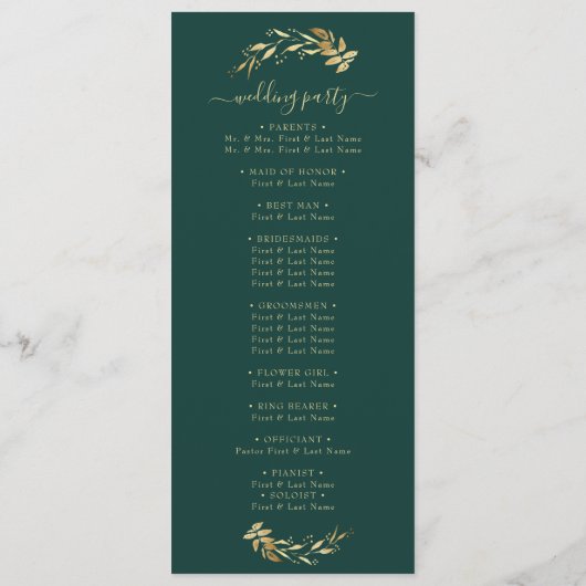 Elegant Chic Emerald Green Gold Foliage Wedding Programma (Achterkant)