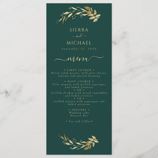 Elegant Chic Emerald Green Gold Wedding Reception Menu (Voorkant)