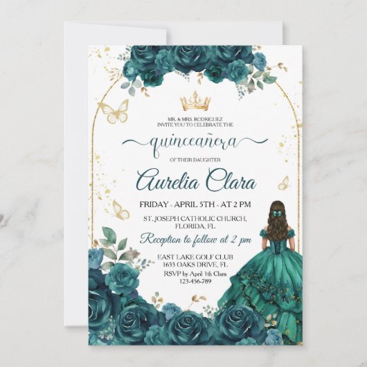 Elegant Chic Emerald Groen Rozen Goud Quinceanera Kaart (Voorkant)