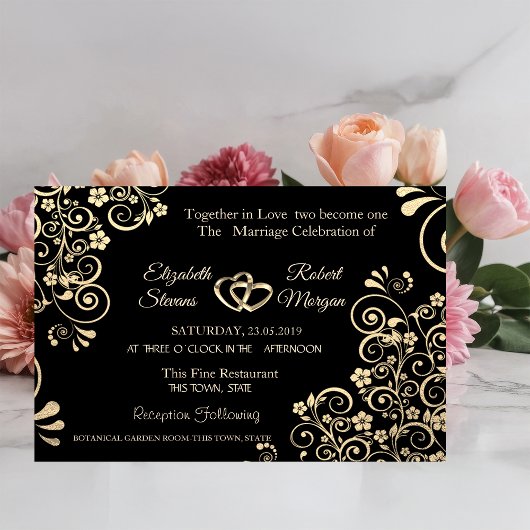 Élégant Chic Fleurs Dorées Faire-Part de Mariage