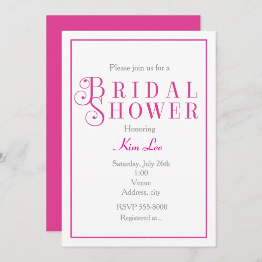Elégant Chic Fuchsia Invitation de douche nuptiale (Devant / Derrière)