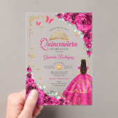 Elegant Chic Fuchsia Pink Roses Gold Quinceanera Acryl Uitnodigingen (Insitu (Draagbaar))