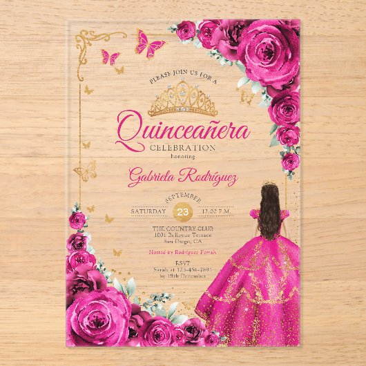 Elegant Chic Fuchsia Pink Roses Gold Quinceanera Acryl Uitnodigingen (Voorkant)