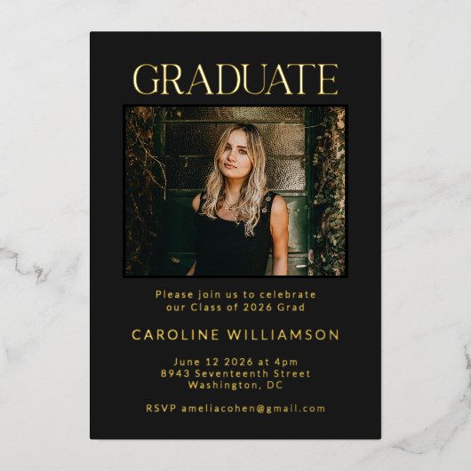 Elegant Chic Gold Black 2 Foto Graduparty Folie Uitnodiging (Voorkant)