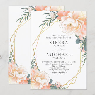 Elegant Chic Gold Blush Peach Cream Floral Wedding Kaart