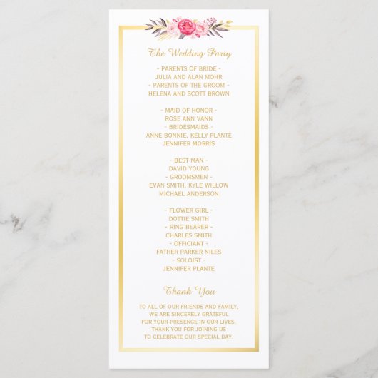 Elégant Chic Gold Frame Floral Wedding Programme (Dos)