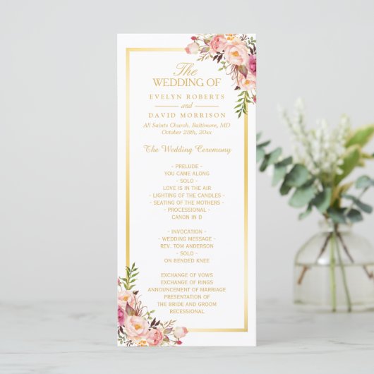 Elégant Chic Gold Frame Floral Wedding Programme (Debout devant)