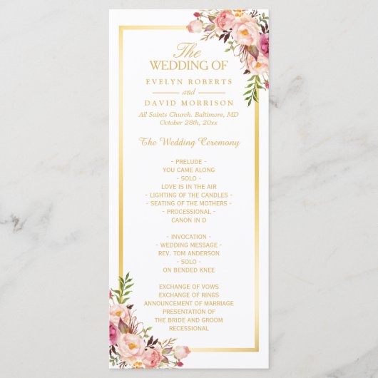 Elégant Chic Gold Frame Floral Wedding Programme (Devant)